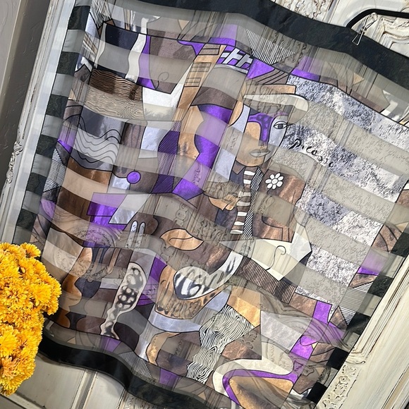 Picasso Abstract Patterned Scarf in Purple and Black Sheer and Opaque - Picture 5 of 5